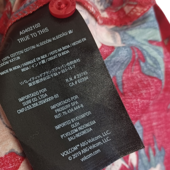 VOLCOM Tropical Colorful Blue Floral Print Red Short Sleeve Button Front Shirt - Picture 7 of 7